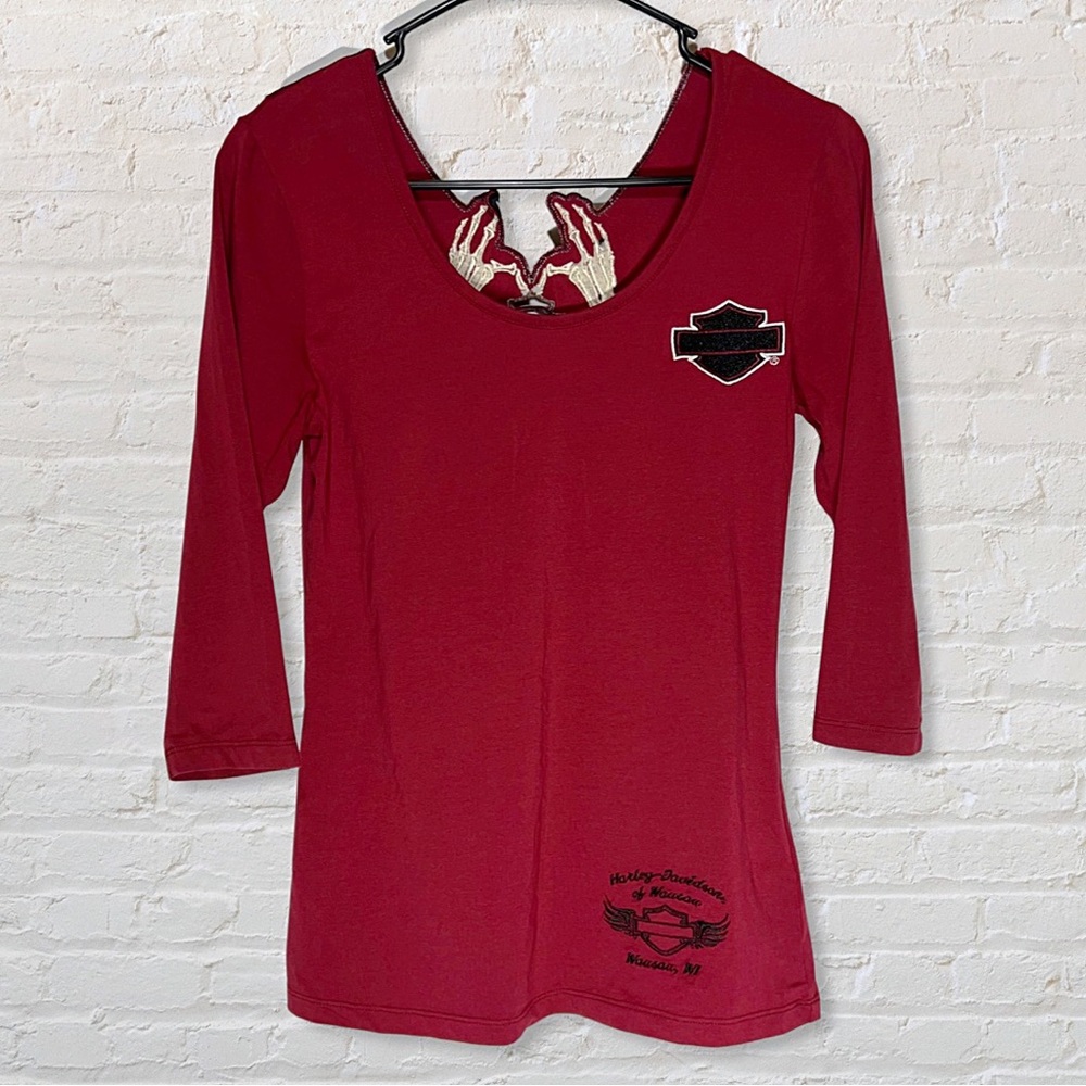 Harley Davidson Maroon Shirt With Skull Hand Back Detail Size Small